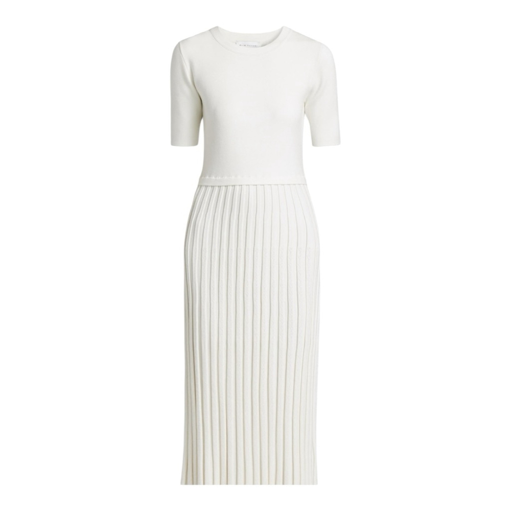 Women's Elie Tahari White Short Sleeve Knit Pleated Midi Dress - Picture 2 of 11